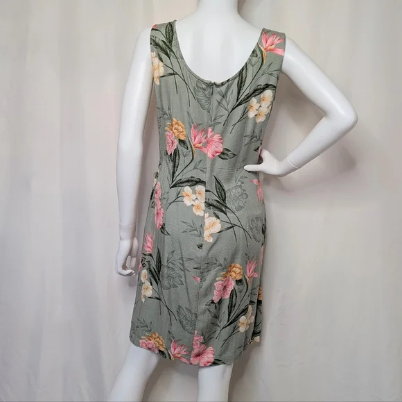Green & Pink Botanical Floral Sleeveless Tank Midi Dress Wrap Front Style - Picture 8 of 9